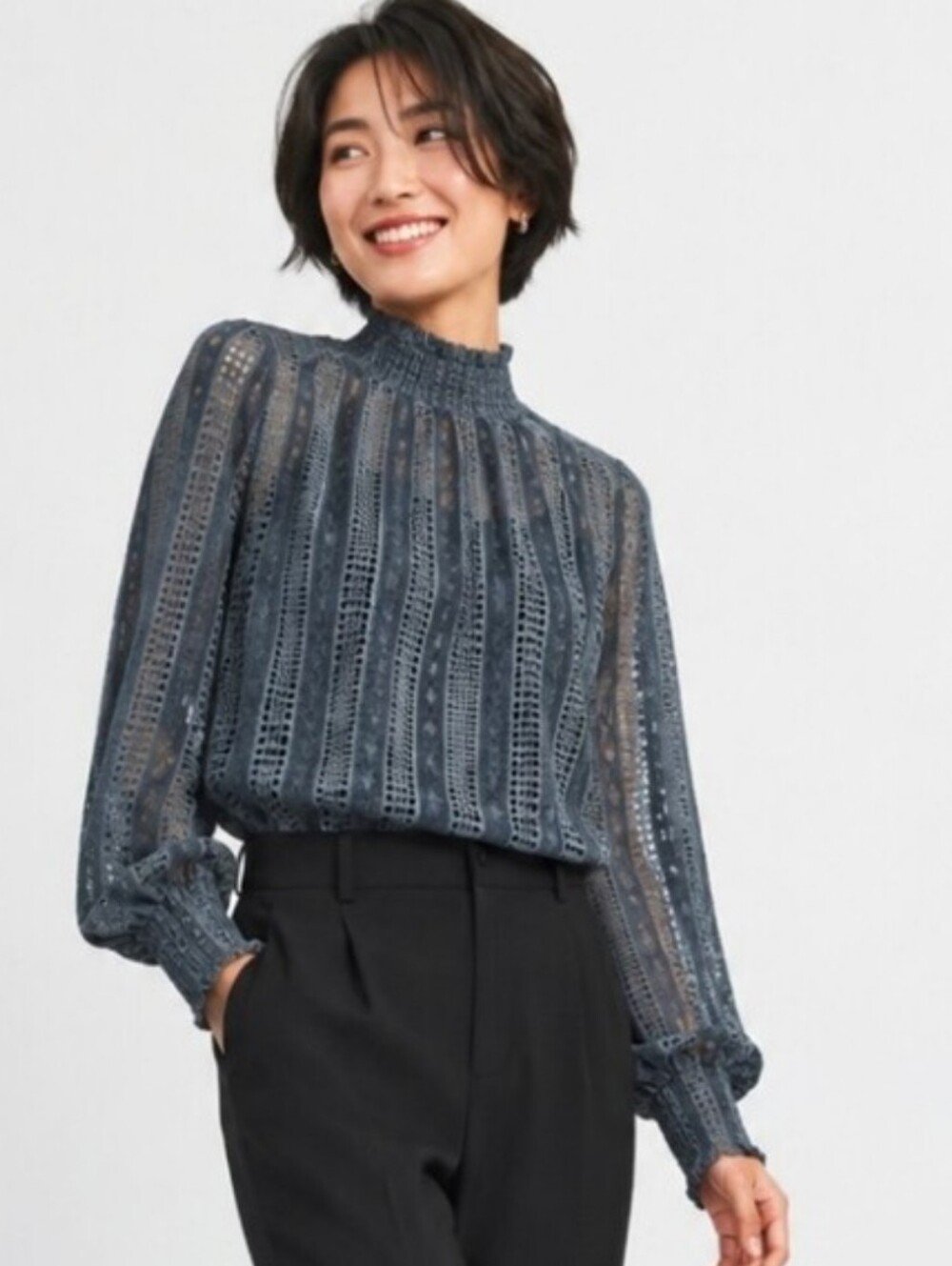 FRNCH Paris Smocked Mock Neck Sheer Lace Stripe Blouse Medium